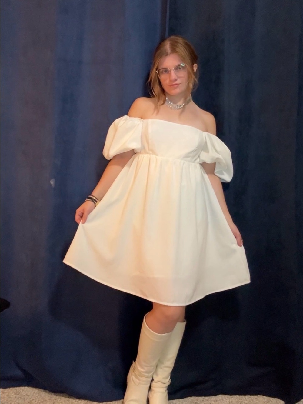One-Shoulder Puff Sleeve Cream Mini Dress